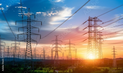 High-voltage poles carrying electricity generated by sunlight and illuminated by the rising sun