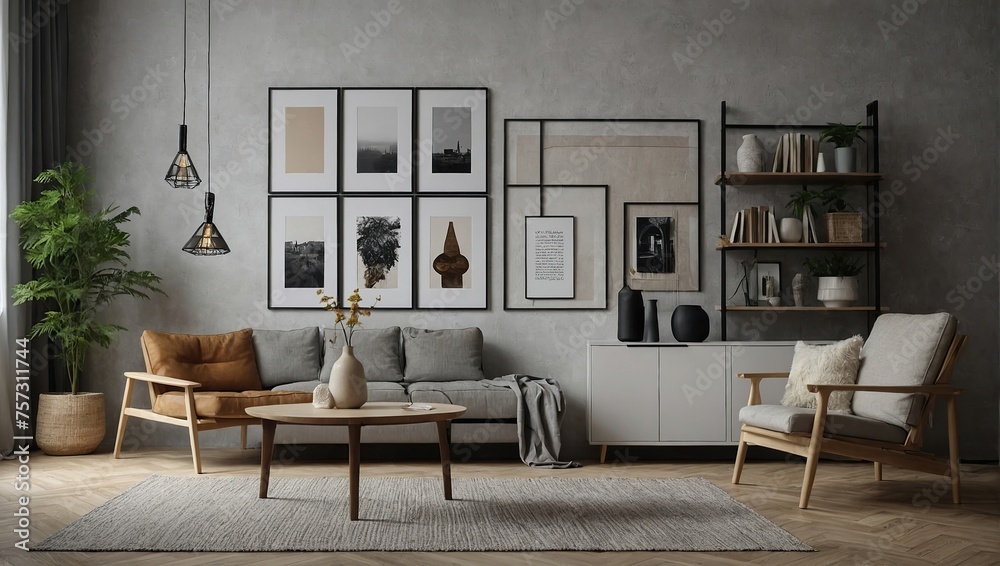 Fototapeta premium Mock up posters frame on wall in modern interior background, living room, Books vase lamp on cabinet, Scandinavian style