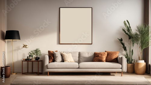 Mockup empty poster in modern living room interior background