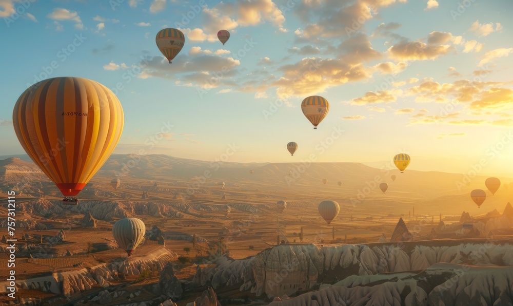 Colorful hot air balloons of Cappadocia float gracefully over the valley - obrazy, fototapety, plakaty 