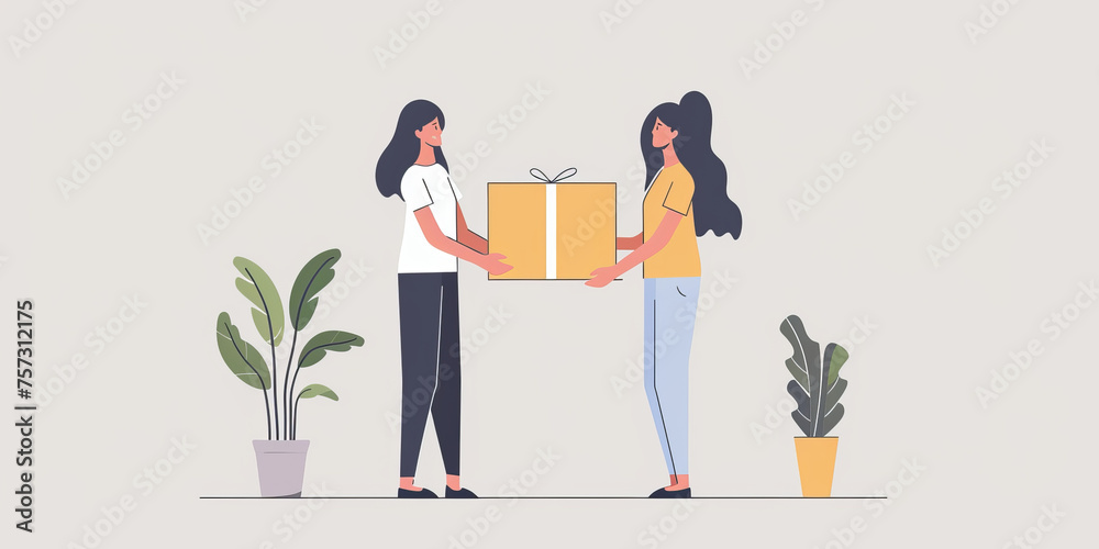 Charity, artwork and illustration of cartoon women donating a parcel for support, relief and donations. Humanitarian, mockup and awareness poster or banner for background, wallpaper or digital design Charity, artwork and illustration of cartoon women donating a parcel for support, relief and donations. Humanitarian, mockup and awareness poster or banner for background, wallpaper or digital design