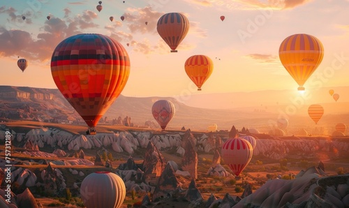 Colorful hot air balloons of Cappadocia float gracefully over the valley