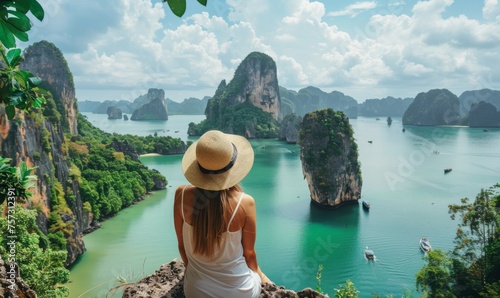 Woman admiring the natural beauty of Phang Nga Bay surrounded by lush greenery and crystal clear water photo