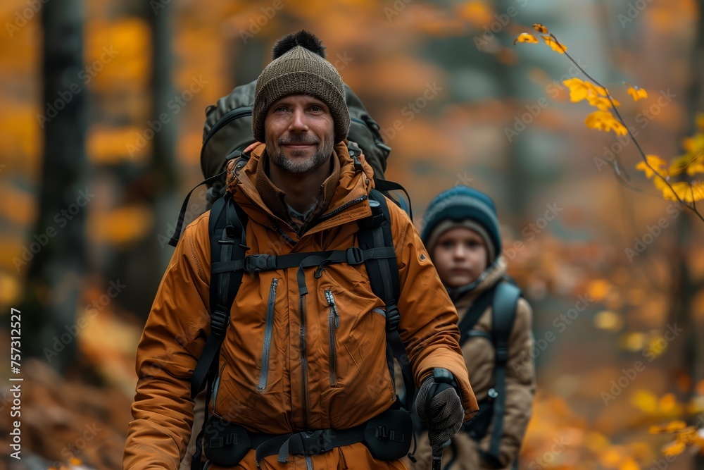 Hiker with child enjoying autumn woods