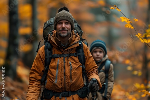 Hiker with child enjoying autumn woods