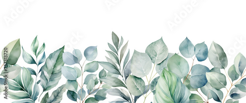 Watercolor greenery branch leaves twigs floral seamless border Botanical leaf illustration