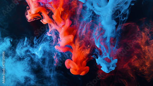 Wide-angle shot of swirling red and blue acrylic colors interacting in water, creating vivid abstract ink blot effect on dark background, ideal for artistic concepts, backgrounds, creative design