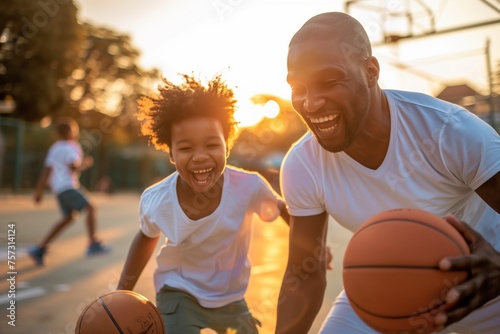A man and a boy are happily playing basketball on a court under the clear sky, wearing shorts and making fun gestures with the ball, enjoying leisure time together