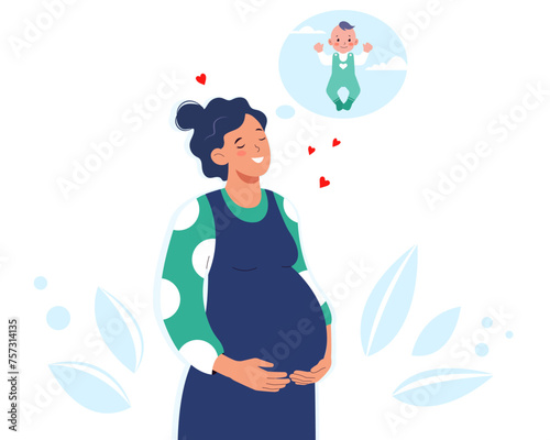 Cute pregnant woman thinking about her baby. Expectation of childbirth. Happy young mother awaiting son