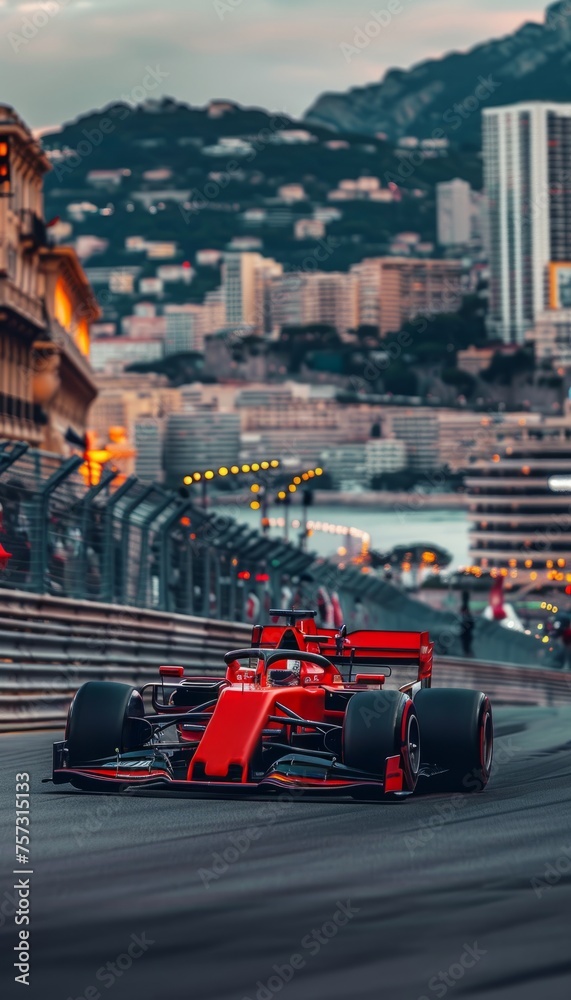 Red Formula One race car driving on race track on blurred background showing buildings on sunset - obrazy, fototapety, plakaty 