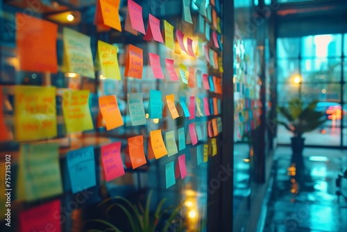 Colorful Sticky Notes on Glass Window Office. Window covered with colorful sticky notes containing various messages and ideas in a bright office environment.