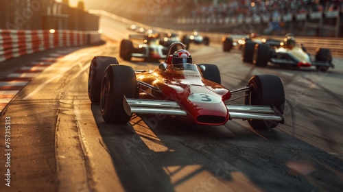 Vintage red race car in sharp focus with sunlit track and competitors in background. Famous racing event