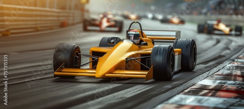 Formula One racing event. Bright yellow racing car in motion with high speed riding along the street road with blurred competing cars on background © master1305