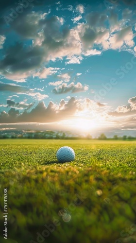 Close up of white golf ball sitting in green grass on lash golf field against sunset background.
