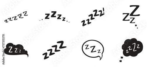 Zzz, Zzzz doodle bed sleep and snore icons of snooze nap vector Z sound icons. Sleeping cloud bubbles and pillows of sleeper or alarm clock Zzz doodle symbols for goodnight sleep and snooze expression