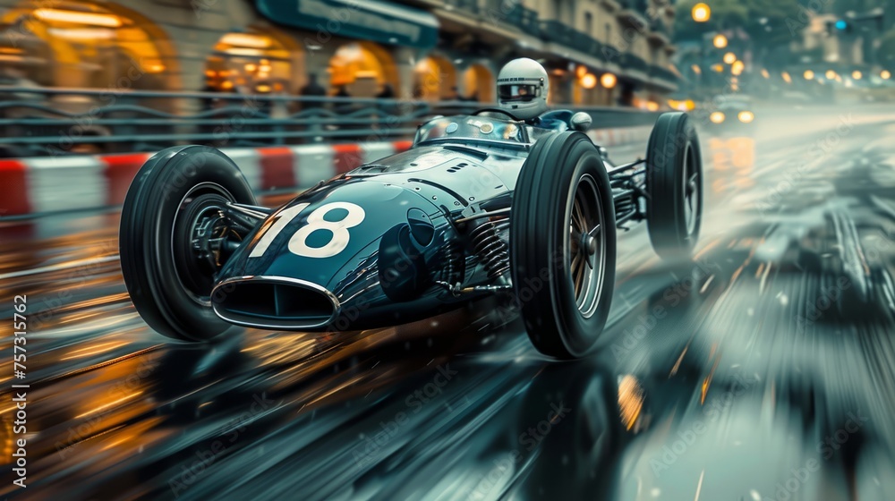 Vintage style racing car in motion riding along urban street. Blurred image depicting high speed. Concentrated racer