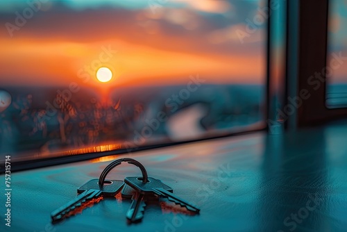 A close up of tree keys on the top. The keys are on a table in front of a window with a beautiful sunset in the background