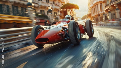 Vintage style racing car in motion riding along urban street. Blurred image depicting high speed © master1305