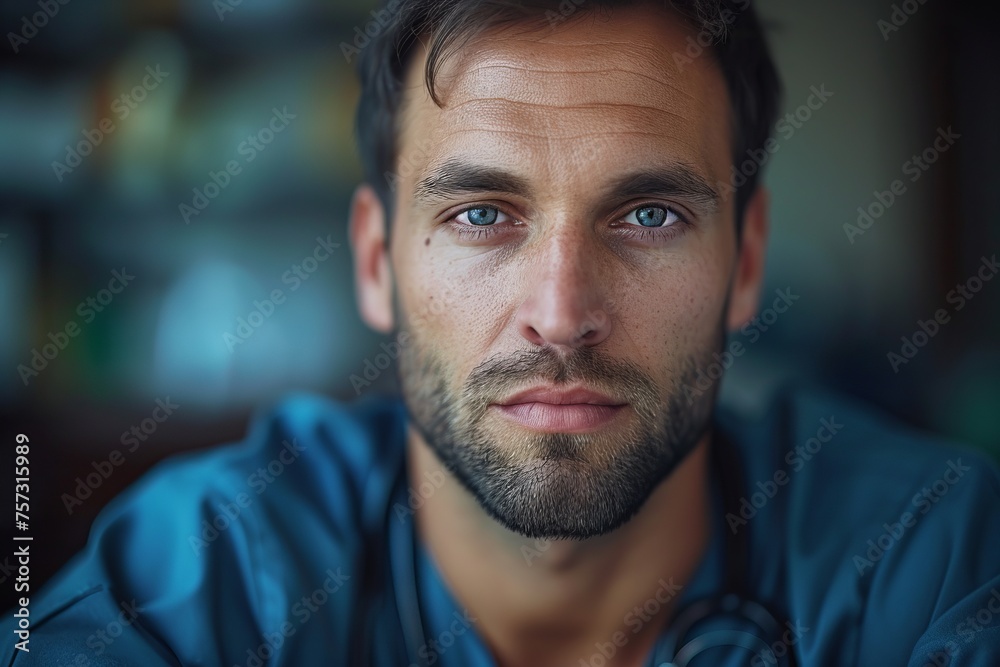 Fototapeta premium Portrait of a confident man looking straight into the camera. Concept: men's health and self-development with psychological well-being, cosmetics and services for a male audience