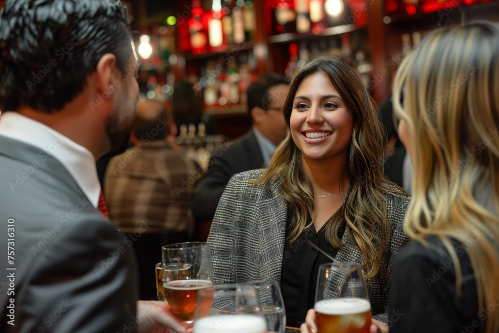 Friendly Networking Event at a Cosy Bar. Smiling young woman engaging in a conversation at a vibrant networking event in a cozy bar with beer glasses. Friendly Networking Event at a Cosy Bar. Smiling young woman engaging in a conversation at a vibrant networking event in a cozy bar with beer glasses.