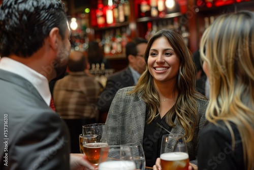Friendly Networking Event at a Cosy Bar. Smiling young woman engaging in a conversation at a vibrant networking event in a cozy bar with beer glasses. photo