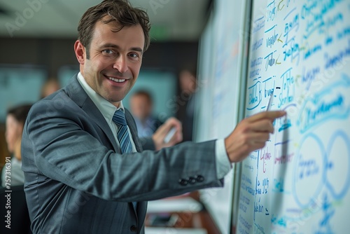 Confident Businessman Presenting Whiteboard Strategy. Confident young businessman smiles while presenting a strategic plan on a whiteboard to his team in a corporate meeting room.