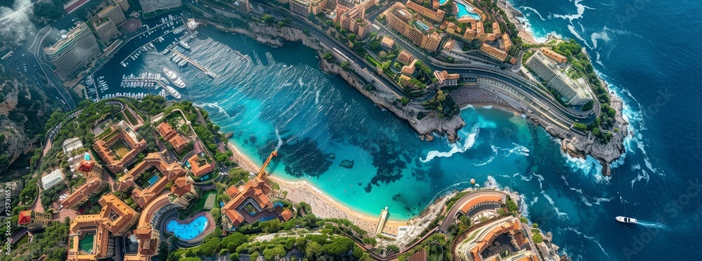 Fototapeta premium Aerial view of Monaco coastline with beautiful coastal scene featuring a beach and a harbor. Luxurious resort