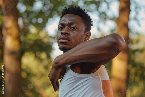 A man injured his shoulder during a fitness class, an African-American man injured himself while jogging in the park, stretches his arm and massages his sore muscles, Generative AI photo
