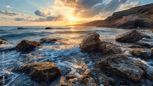 the enchanting beauty of a coastal scene at sunset, where the sky transitions from warm yellows to cool blues, creating a harmonious and soothing atmosphere
