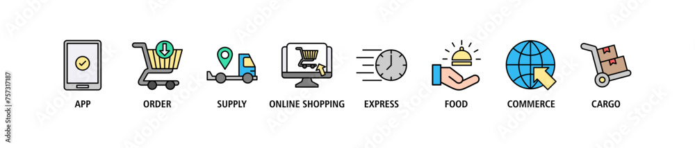 Delivery service banner web icon set vector illustration concept for online home and office with icon of app, order, online shopping, supply, express delivery, food delivery, commerce, and cargo Delivery service banner web icon set vector illustration concept for online home and office with icon of app, order, online shopping, supply, express delivery, food delivery, commerce, and cargo