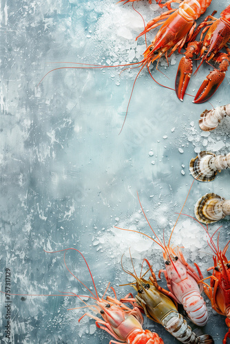 Top view image of seafood with copy space for text. Food background. Generative AI.
