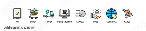 Delivery service banner web icon set vector illustration concept for online home and office with icon of app, order, online shopping, supply, express delivery, food delivery, commerce, and cargo