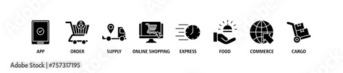 Delivery service banner web icon set vector illustration concept for online home and office with icon of app, order, online shopping, supply, express delivery, food delivery, commerce, and cargo