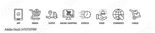 Delivery service banner web icon set vector illustration concept for online home and office with icon of app, order, online shopping, supply, express delivery, food delivery, commerce, and cargo