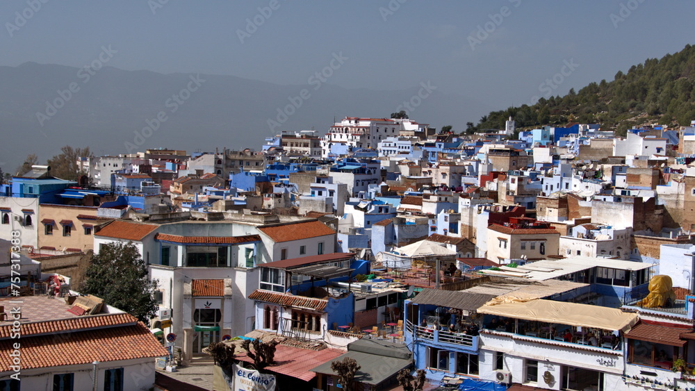 Medina rising up on a hill in Chefchaouen, Morocco. seen from the Kasbah