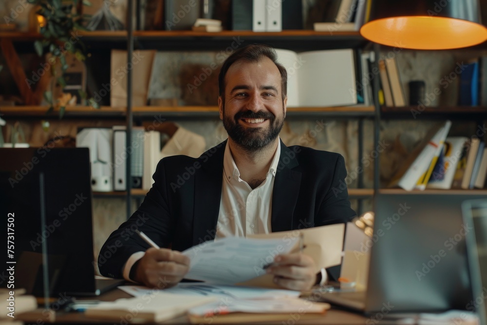 Financier investor works with documents and accounts inside office, businessman with beard smiling satisfied with work results and achievements, man inside office with laptop working, Generative AI