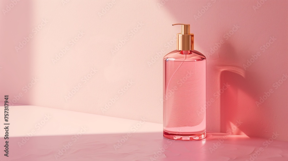 A mockup of an elegant bottle of toner, placed on a minimalistic podium with a pastel pink background with soft lighting. Generated by artificial intelligence. A mockup of an elegant bottle of toner, placed on a minimalistic podium with a pastel pink background with soft lighting. Generated by artificial intelligence.