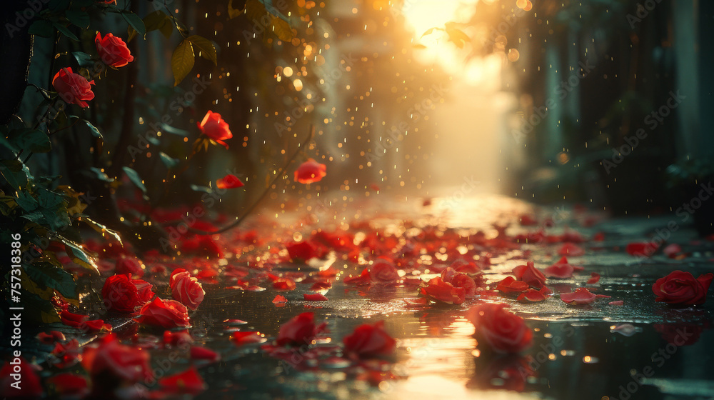 Naklejka premium Romantic Corner in Kolkata at Dawn, Red Roses from the Sky 