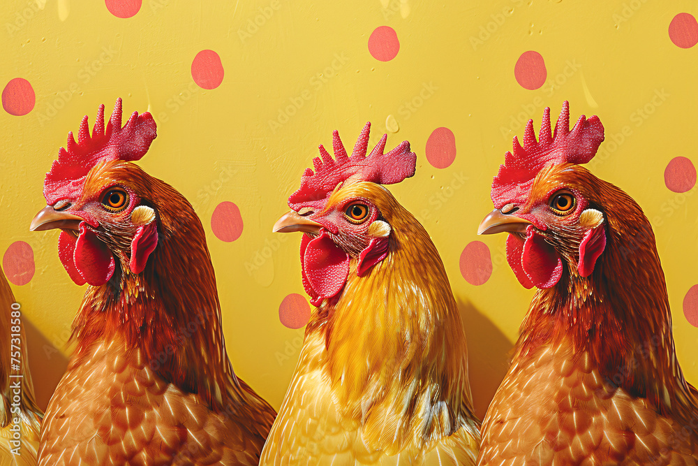 Three red chickens against a yellow polka-dot background looking to the right