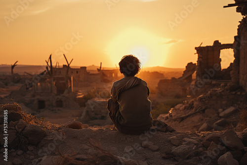 Generative ai picture of orphan kid affected by war alone in bombed and destroyed city