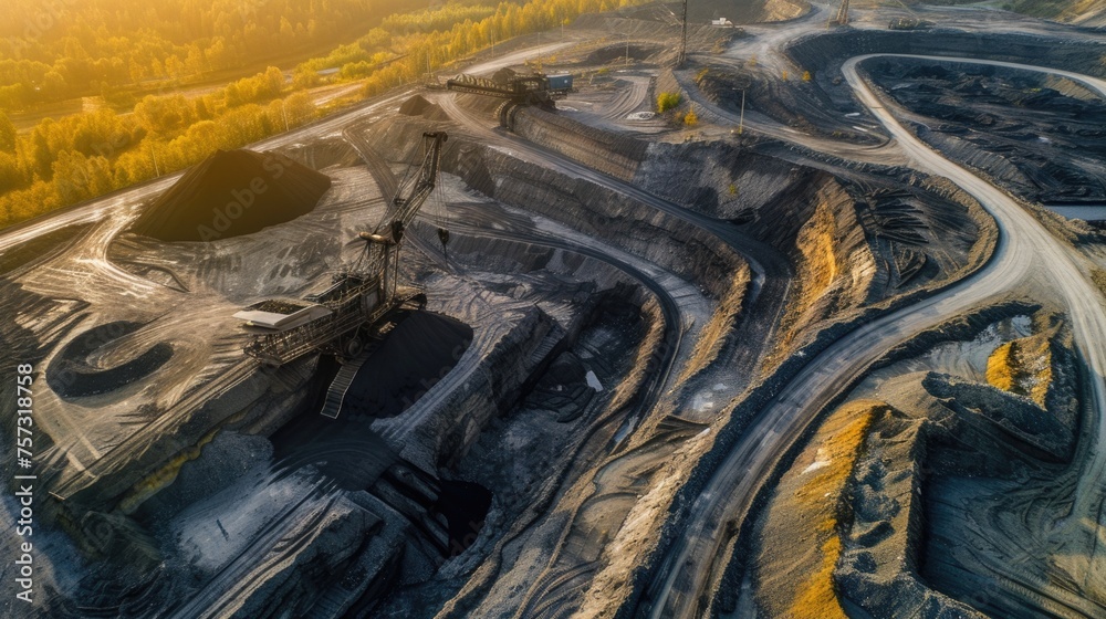 Aerial view of mining operations in a coal mine during sunrise