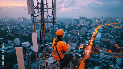 engineer installing 5G equipment in urban areas photo