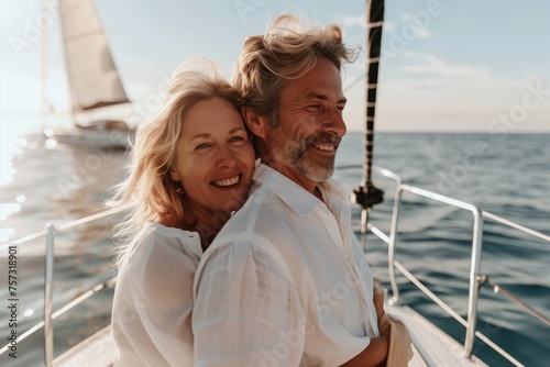 A man and a woman are embracing on a sailboat, surrounded by water and the vast sky. They smile happily, enjoying their leisurely travel on the naval architecture vehicle © RichWolf