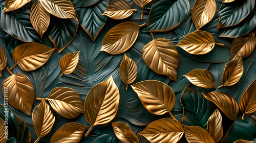 Leaves background. 3d mural floral wallpaper. golden, A white sheet of paper shows flowers with pink petals, golden buds, and green leaves. The trunks of the plants and the veins Generative Ai