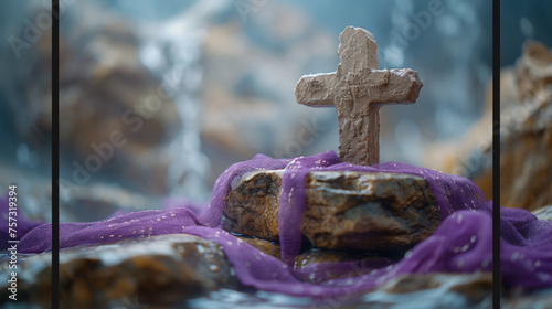 Ash Wednesday Cross on Stone with Purple Cloth Background 