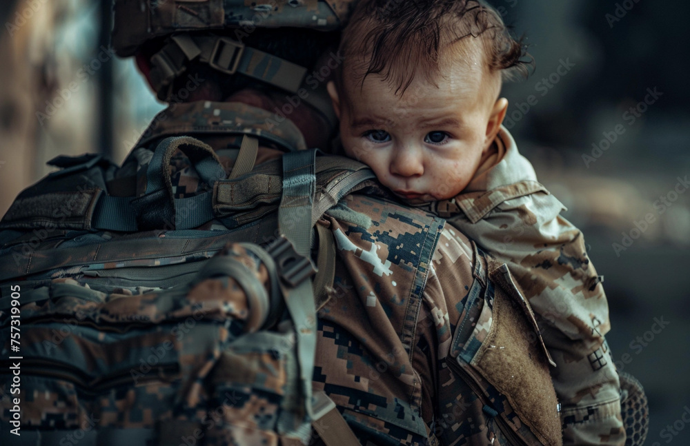 In the illustration, a soldier holds a small child in his arms, the baby is pressed against the soldier close-up of people. In the illustration, a soldier holds a small child in his arms, the baby is pressed against the soldier close-up of people.