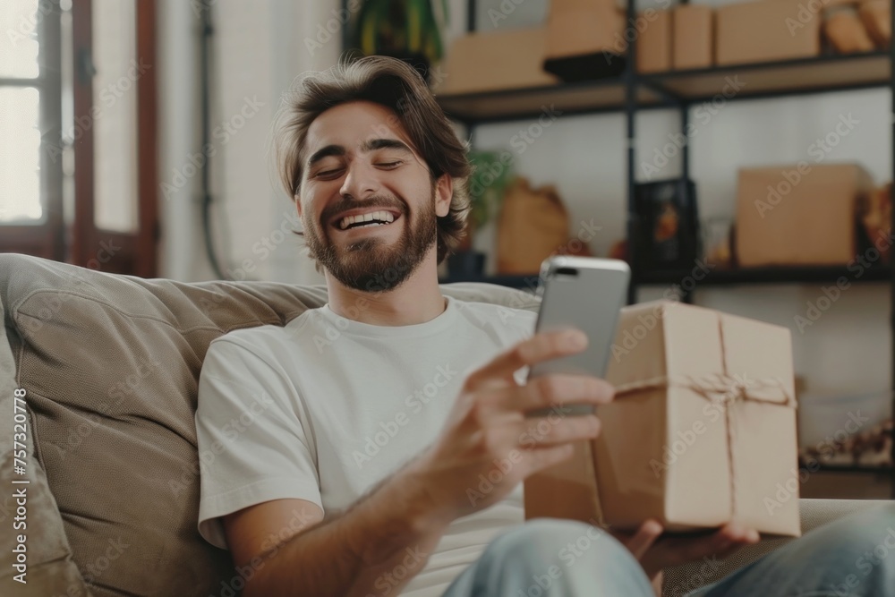 Joyful man at home on the sofa received a package, Latin American is satisfied with the purchase in the online store, writes a positive review using the application on the phone, Generative AI