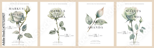 Watercolor minimalistic floral wedding invitations with white roses flowers Cards design