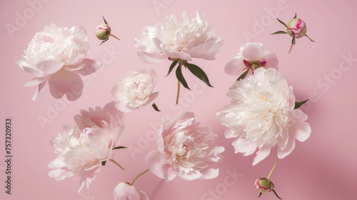 Fototapeta Naklejka Na Ścianę i Meble -  white peonies with shadows on pink canvas