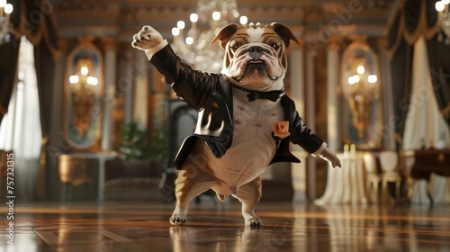 A sophisticated bulldog in a tuxedo performs a dance in a grand ballroom, complete with chandeliers and opulent decor. photo